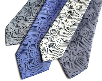 Crashing Waves necktie. Japanese textile motif inspired men's tie. Silkscreen print on navy, periwinkle, steel blue and more!