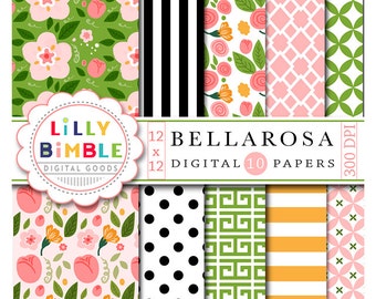 40% off Floral digital scrapbook papers with roses, flowers, buds, leaves modern paper pack Bellarosa INSTANT DOWNLOAD