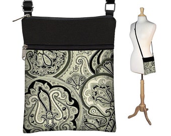 Sling Bag Shoulder Purse Cross Body Bag Small Travel Purse Zipper Fits eReaders Vintage Paisley Onyx RTS