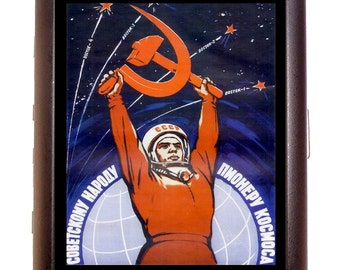 Soviet Space Propaganda Cigarette Case ID Business Card Credit Card Holder Wallet Russian USSR Communism Hammer Sickle Marxism Cold War