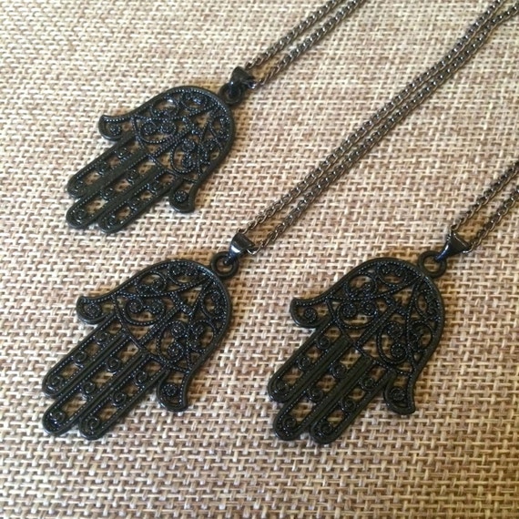 Hamsa Necklace In Black Hamsa Charm On Thin Gunmetal Chain