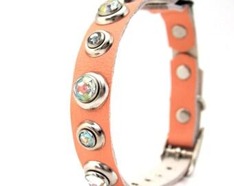 Peach Leather Cat Collar with Iridescent Rhinestones, Eco-Friendly, Size to fit a 8-10in Neck, OOAK