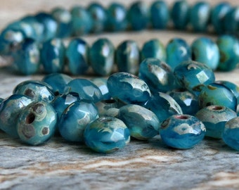 Ocean Mist Czech Glass Picasso Beads 5x3mm Faceted Rondelle : 30 pc Full Strand Teal Czech Bead