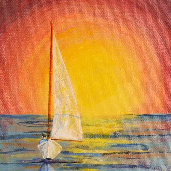 Items Similar To Sailboat Ocean Sunset Original Acrylic Painting On Canvas X Inch Sailboat