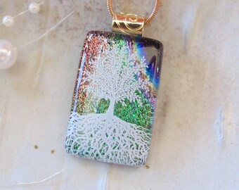 Tree of Life Dichroic Glass Pendant, Necklace, Fused Glass Jewelry, Necklace Included, A7