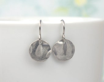 Tiny Antique Silver Dangle Earrings, Hammered Antique Silver Earrings, Small Drop Earrings, Small Hammered Silver Earrings, #781