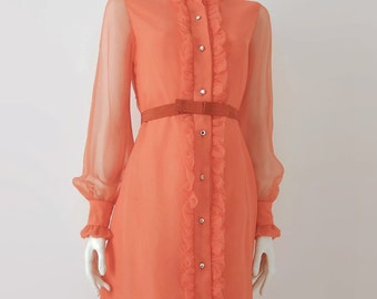 1950s Ruffled Dress Salmon Chiffon Modern 4