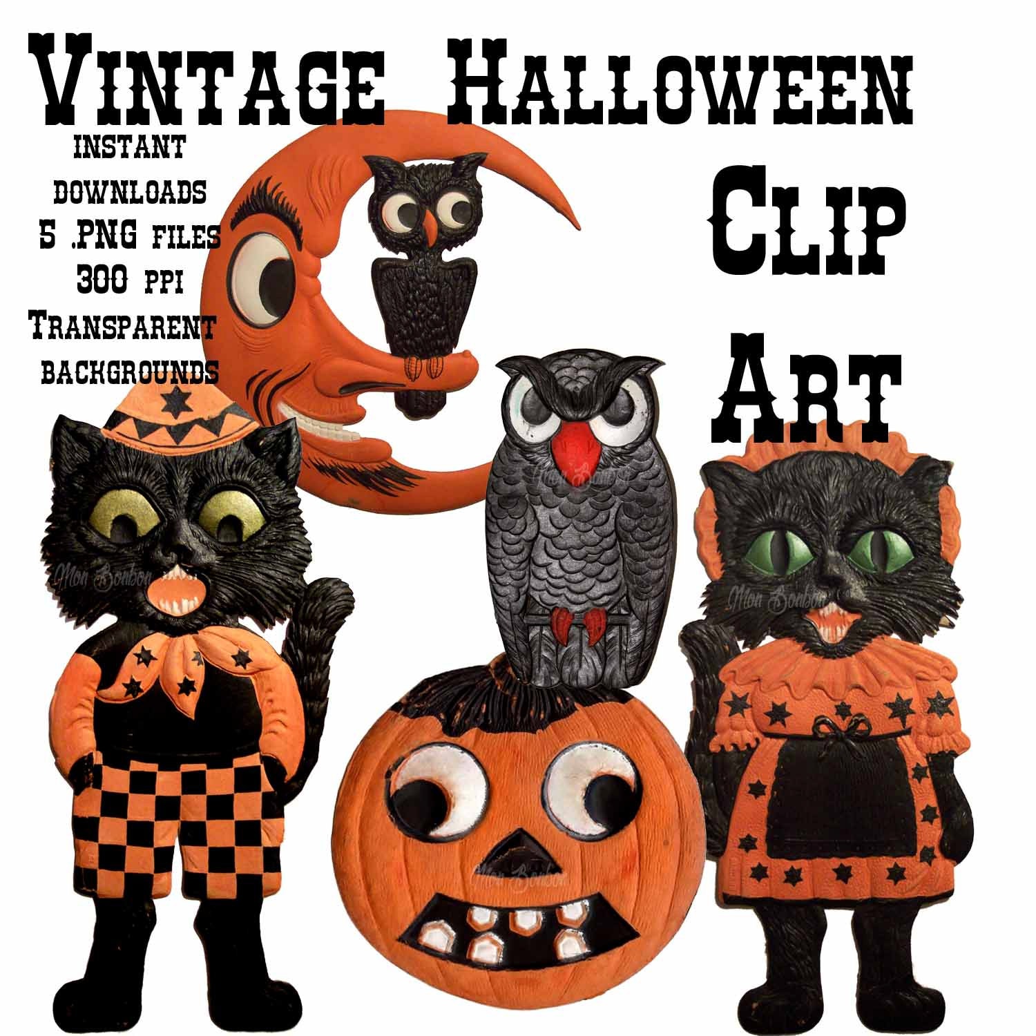 5 Vintage Halloween Clip Art Images .PnG DIY by monbonbon