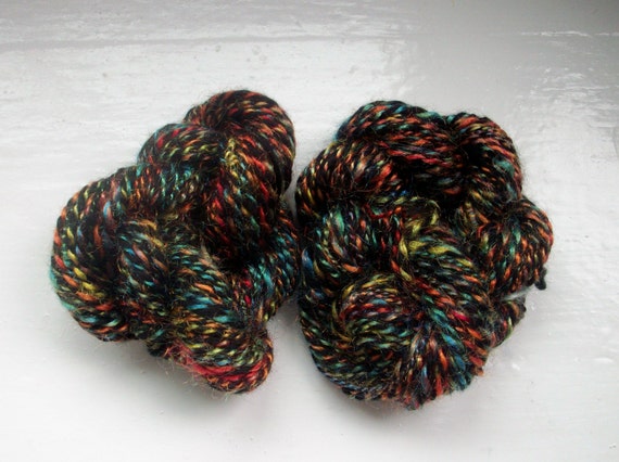 Handspun merino yarn - black, multi rainbow