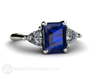 Platinum Blue Sapphire Engagement Ring 3 Stone Vintage Blue Sapphire Ring with Diamond Trillions