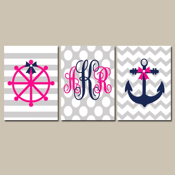 Girl Nautical Monogram Wall Art CANVAS or Prints Bow Anchor