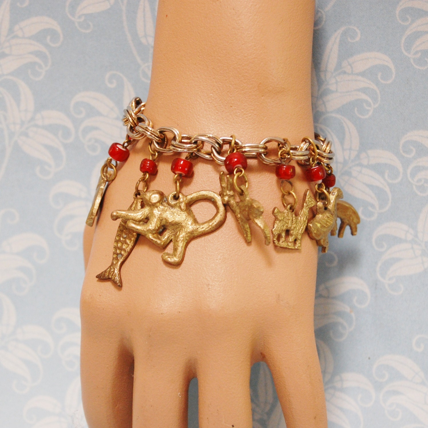 Vintage India Brass Animal Charm Bracelet 1970s Boho Chic