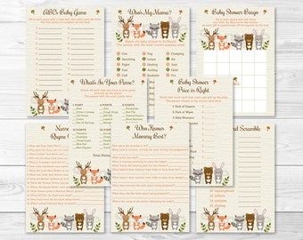 Woodland Forest Animal Baby Shower Games Package / 8 Printable Games / Woodland Baby Shower Games / INSTANT DOWNLOAD