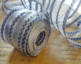 5 Yards of Blue Checker Striped Wired Ribbon (1.5")