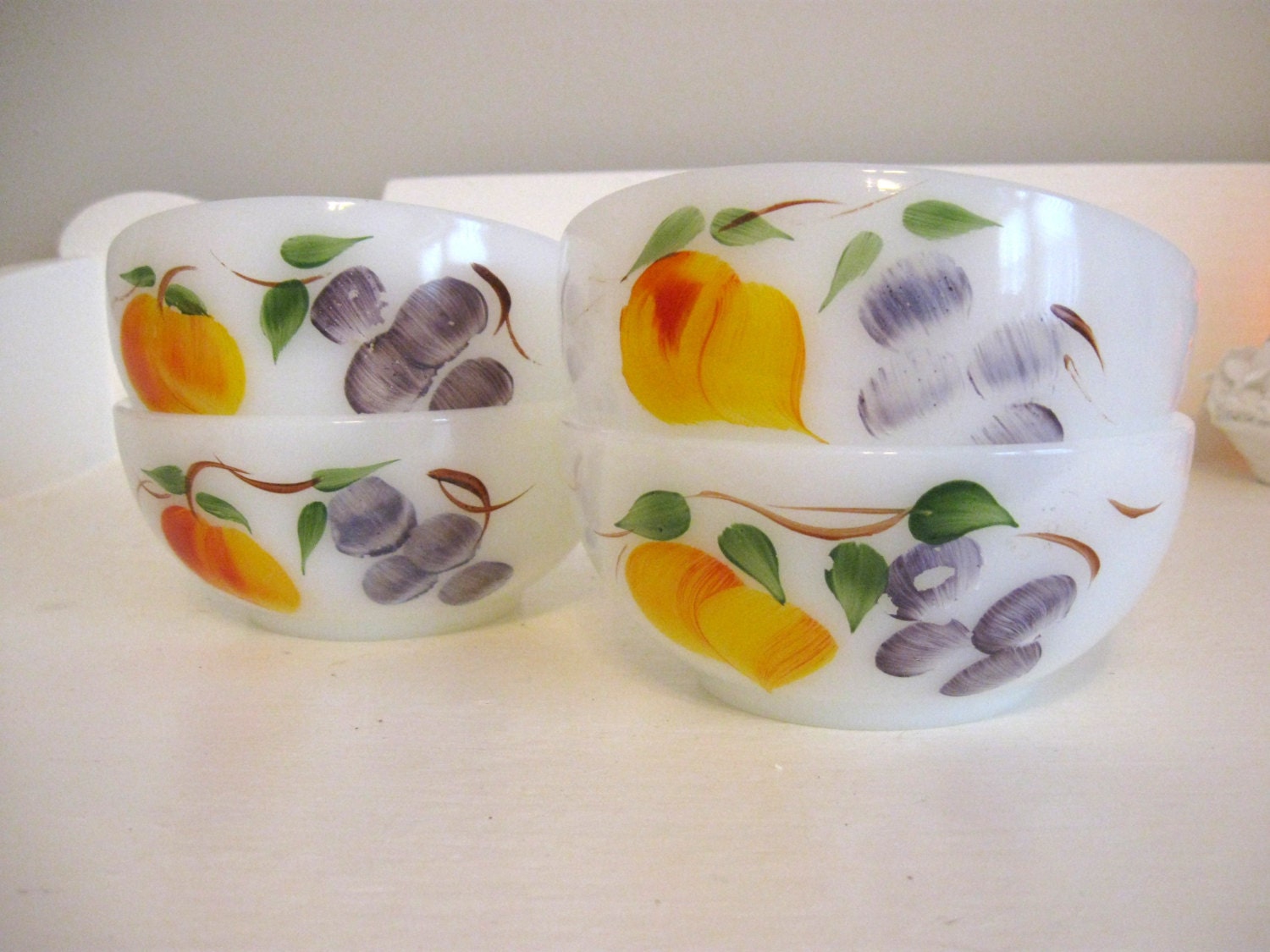 Vintage 1960s Fire King Painted Fruit HandPainted Milk Glass
