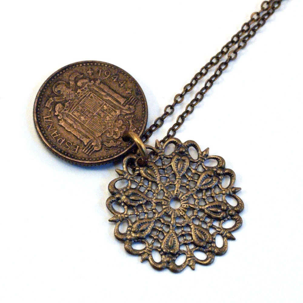 Spanish coin necklace with filigree unisex