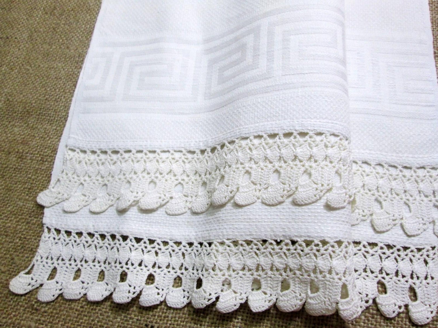 Antique Hand Towel Greek Key Linen Damask Guest Towel w/ Lace