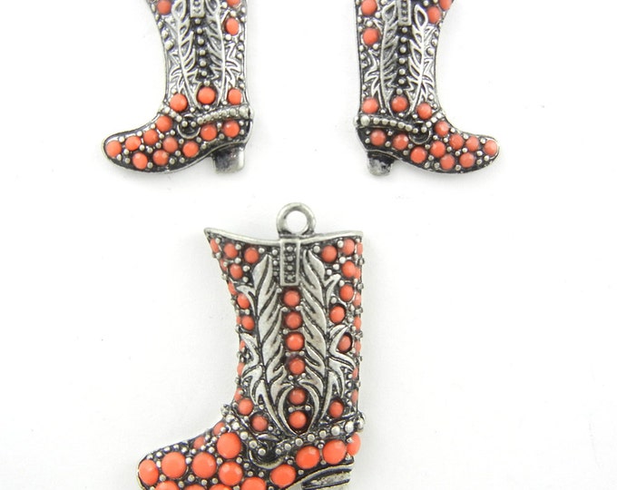 Set of Cowboy Cowgirl Boot Pendant and Matching Charms Acrylic Cabochons in Antique Silver-tone