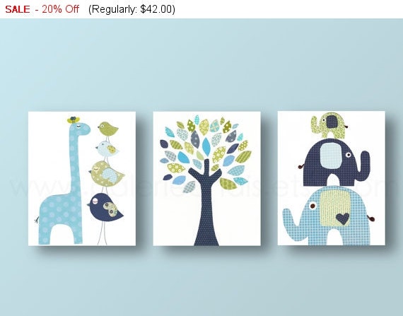 Giraffe nursery elephant nursery Baby Boy Nursery Decor tree art blue green navy nursery art baby wall art - Set of 3 Prints from Paris by GalerieAnais