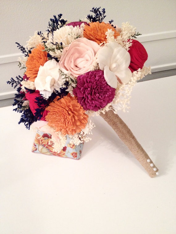 Fuschia Orange Blue and Pink Wedding Bouquet sola flowers