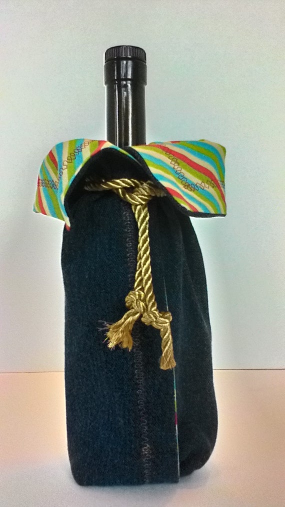 Denim Wine Bottle Jacket Cover Cozy Gift by SunflowersByDesign