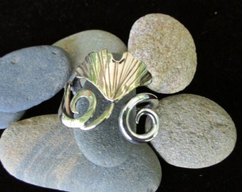 Sterling Silver and Brass Brutalist Ginkgo Leaf Adjustable Ring
