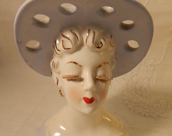 1950's Small Blue Hat Lady's Head Vase - Japan -