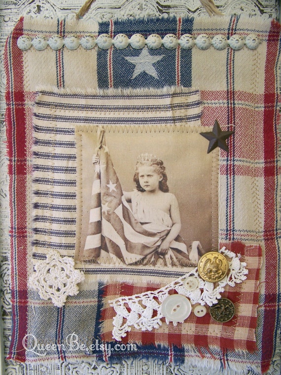 Fourth of July Collage Handmade Fourth of July Americana Vintage Collage Vintage Mixed Media Vintage Red White Blue Wallhanging