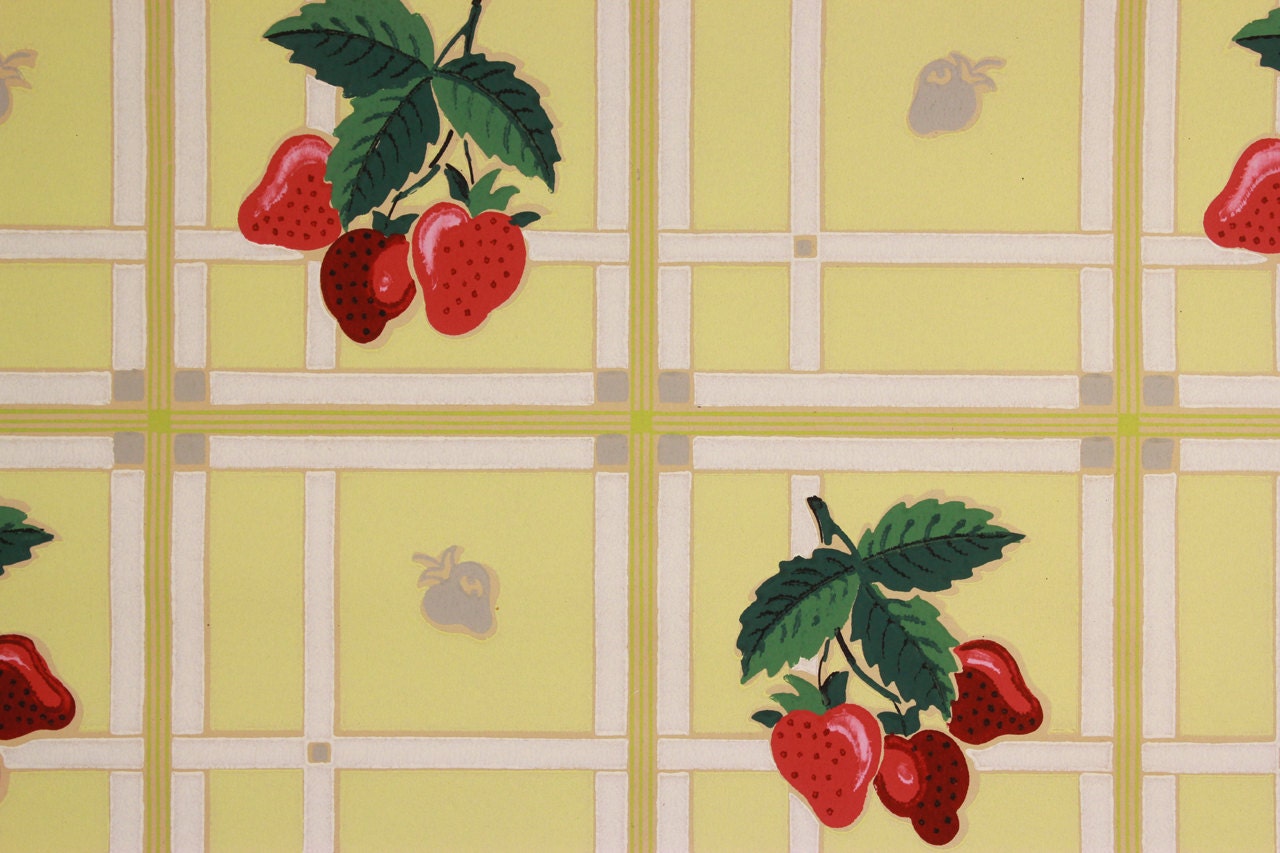 1930's Vintage Wallpaper Strawberries on Yellow by RosiesWallpaper