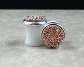 Copper Rose Gold Round Druzy Drusy Plugs Gauges in Silver Setting in 1/2", 12mm Wedding Bridal Bridesmaid