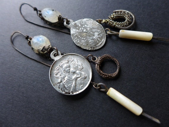 Acosmism. Mary medals drop dangles with moonstone, mop, wirework. Victorian tribal assemblage.