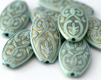 Pale Mint Green Gold Etched Acrylic Flat Oval Beads Carved 39mm (4)