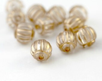 Vintage Lucite Crystal Gold Fluted Round Beads 11mm (12)