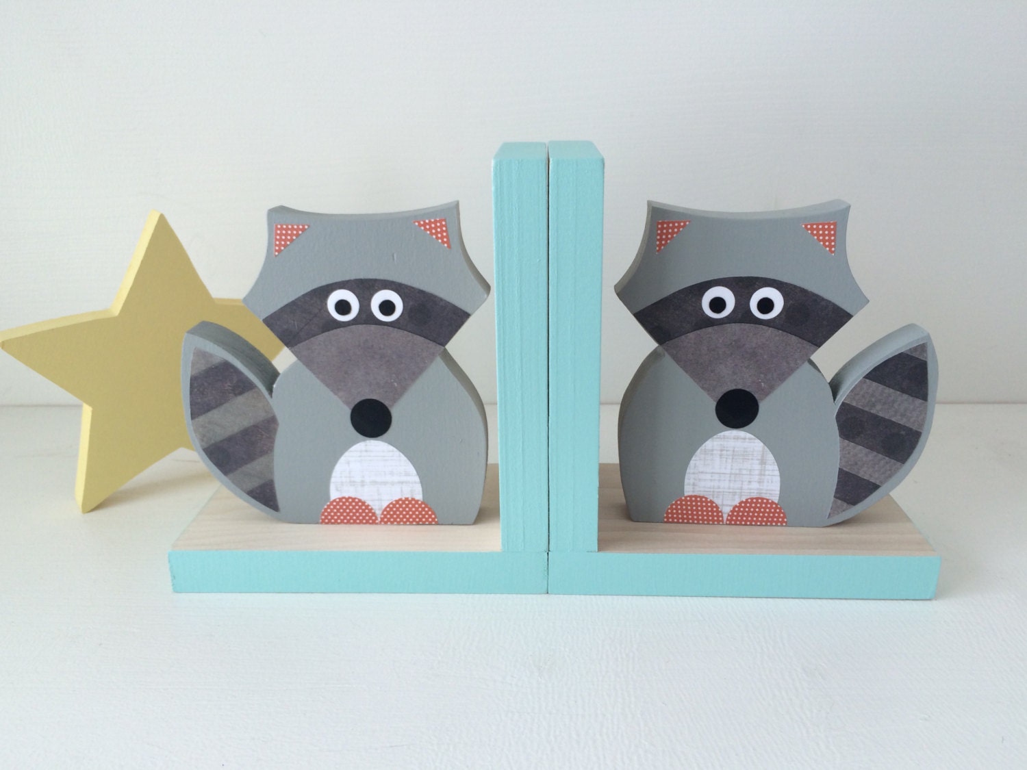 Raccoon Bookends Aqua Blue Edges Children's Bookends