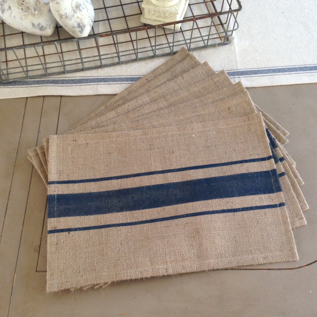 French Grain Sack Burlap Placemats with Navy Blue stripes