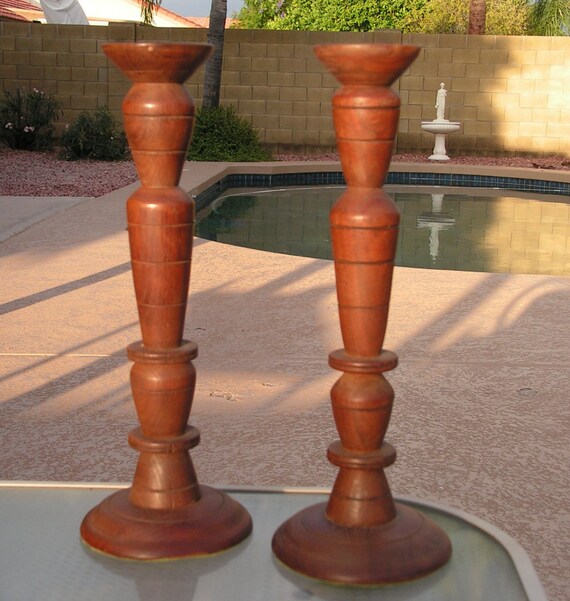Wood Turned Tall Wooden Candlesticks Vintage Taper Candle