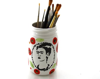 Frida Kahlo Vase or Brush Holder with poppy design on mason jar