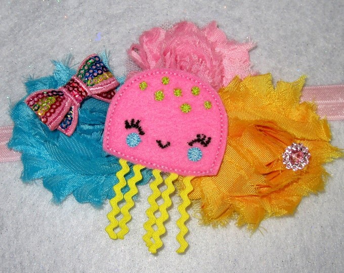 Pink Jellyfish Shabby Chic Frayed Chiffon Beautiful Headband Hairbow Flower Bow Photo Party Newborn Baby Ocean Fish Aqua Water Blue