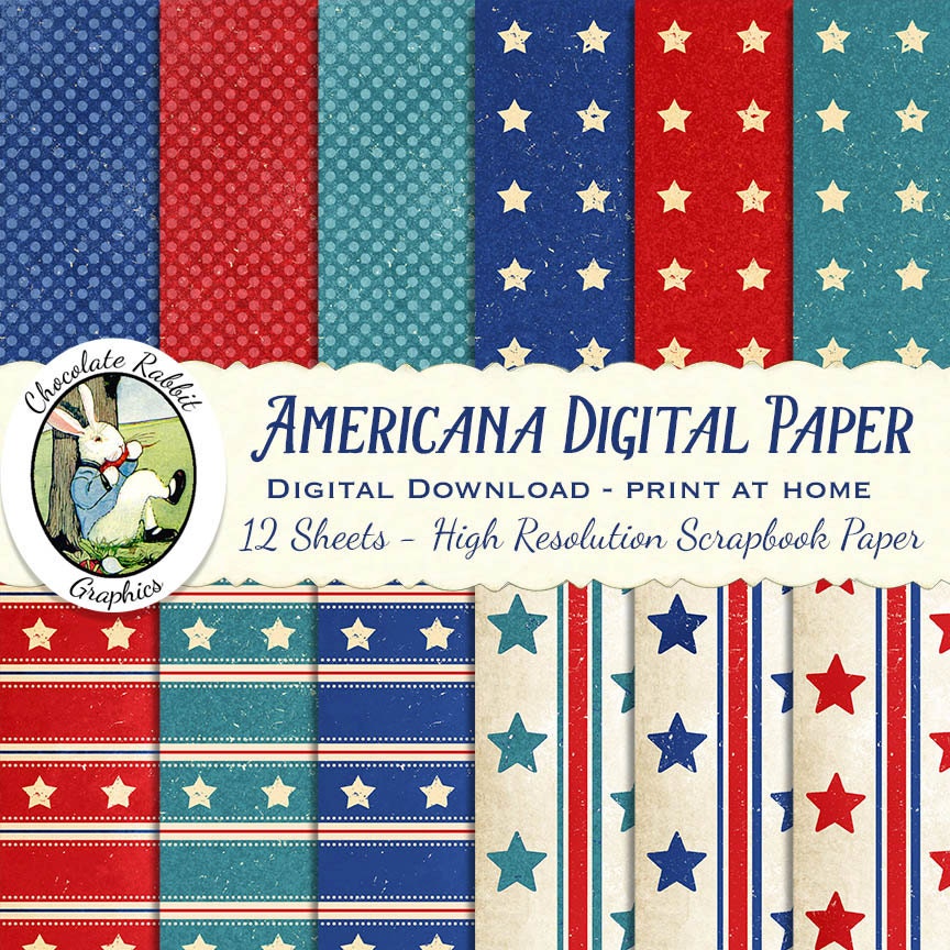 Patriotic Americana Scrapbook Paper Digital Download Printable