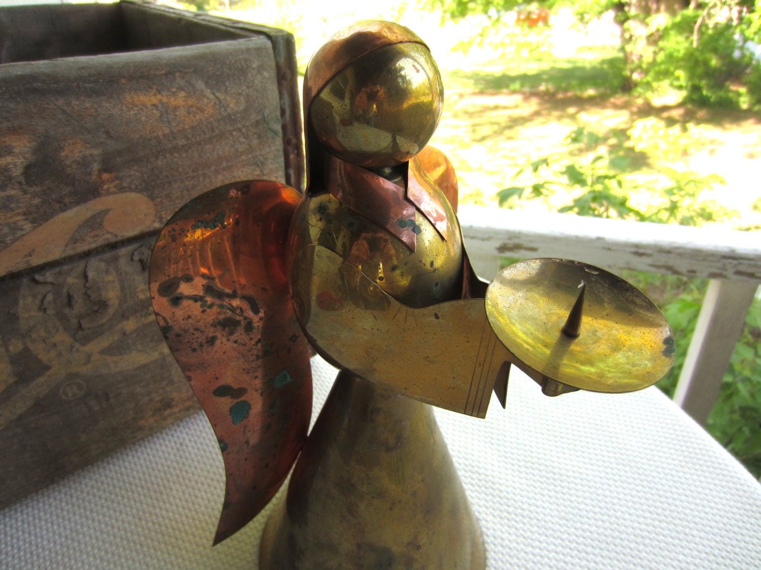 Vintage Brass and Copper Angel Candle Holder Made in Hong Kong