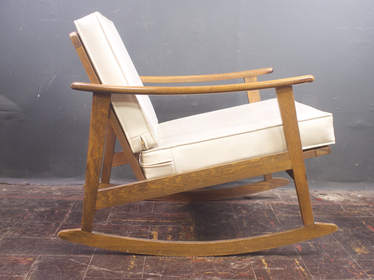 Mid Century Rocking Chair w/ White Vinyl Covers Made in