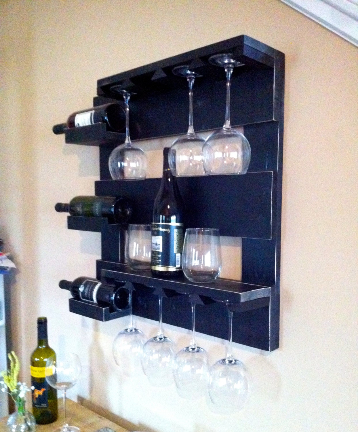 wall wine rack black wine rack reclaimed wood wine by TheWoodenOwl