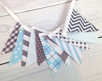 Bunting Banner Mini, Fabric Banner, Fabric Flags, Baby Nursery Decor - Light Blue, Gray, Baby Blue, Grey, Chevron, Geometric, Dots