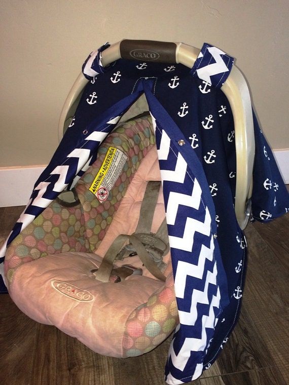 baby carseat canopy Navy Anchors Navy chevron by CoveredNLove1