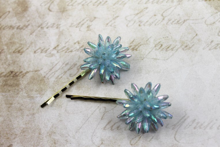 Vintage Aqua Jeweled Hair Pins 1950s Chrysanthemum Clusters