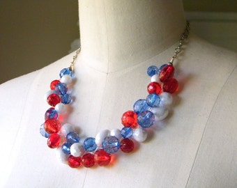 Red, White and Blue Chunky Necklace, Crystal ACRYLIC, Patriotic Necklace