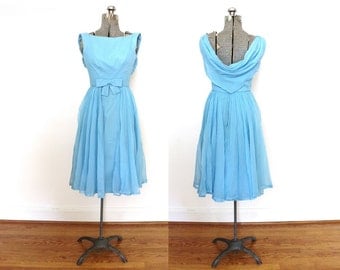 Vintage Bridesmaid Dress / 1960s 1950s Powder Blue Chiffon Party Dress