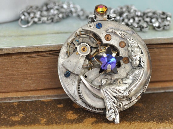 steampunk necklace - Love You To The Moon And Back - lunar goddess charm with star shaped Swarovski jewel by junesnight steampunk buy now online