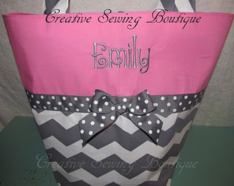 Gray Chevron diaper bag tote bag baby bag hot pink gray chevron diaper bag or large tote you choose name