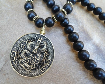 Tibetan Dragon Necklace 108 Bead Ebony Mala Dragon Pendant Martial Arts Gift Asian Dragon Necklace Mala Necklace Zen Gift Mala Beads
